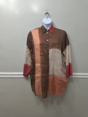 Roberta Freymann Linen Silk Colorblock Tunic Blouse Multicolor M Boho Earthy Art